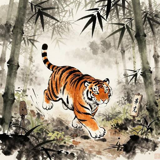 Striped Tiger Samurai in Bamboo Mist