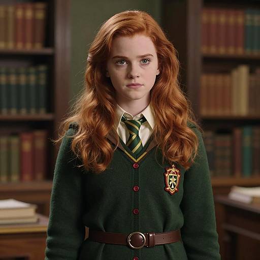 Redhead Female Student in Green School Uniform