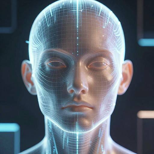 CGI digital image of a translucent, glowing, faceless human head with grid lines, illuminated in blue and white, against a dark background.