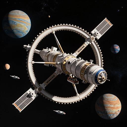 Retro Wheel Space Station in Deep Space