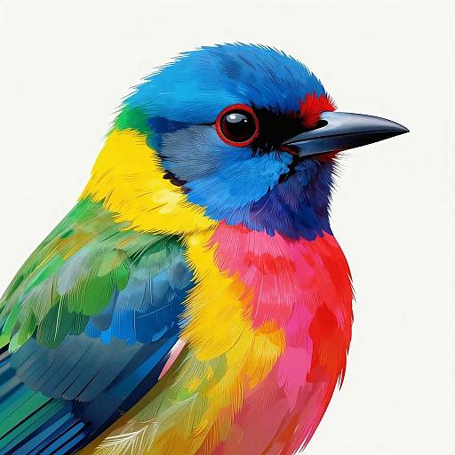 Digital artwork of a vibrant bird with blue head, red chest, yellow shoulders, green wings, and black beak on a white background.