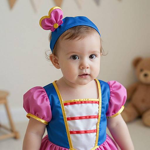 Photograph of a cute baby girl in a pink and blue Cinderella-inspired dress with puffed sleeves, blue headband, and flower accessory, standing