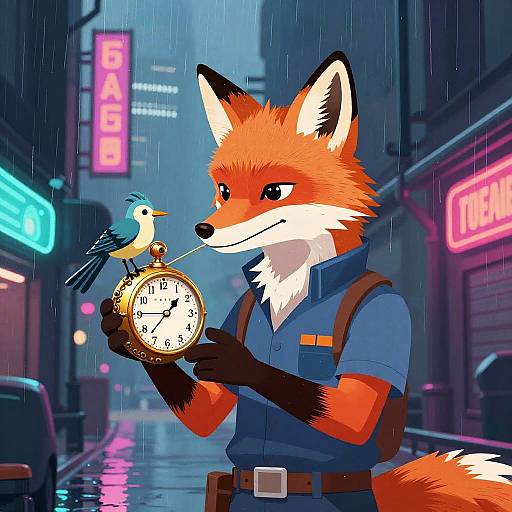 Cyberpunk Fox Mechanic with Clockwork Bird