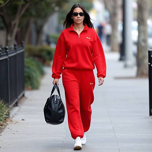 Photograph of a woman with long black hair, wearing black sunglasses, red tracksuit, and white sneakers, carrying a black bag, walking on a