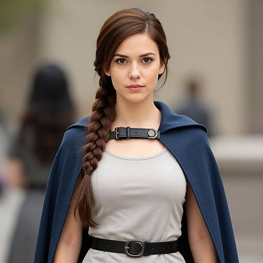 Photograph of a young woman with fair skin, brown hair in a braid, wearing a white dress, black belt, and navy cape with a