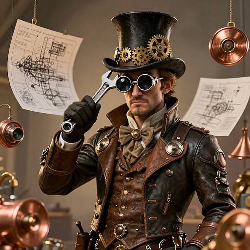 Steampunk Engineer with Mechanical Blueprints