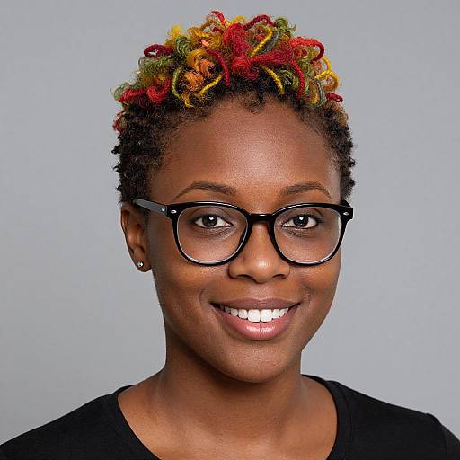 Photograph of a smiling African-American woman with short, colorful curly hair, black-rimmed glasses, and black top, against a light blue background