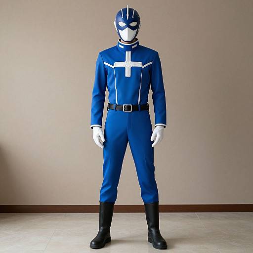 Photograph of a mannequin in a blue superhero costume with white cross emblem, black boots, gloves, and helmet, standing against a plain beige