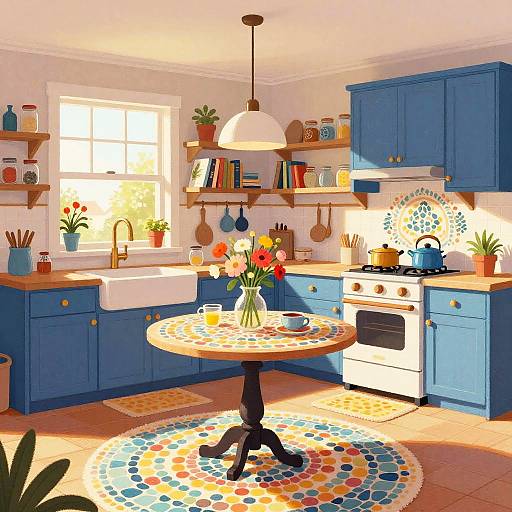 Bright, colorful kitchen with blue cabinets, white sink, round mosaic table, floral vase, potted plants, sunlight through window, and tiled rug.