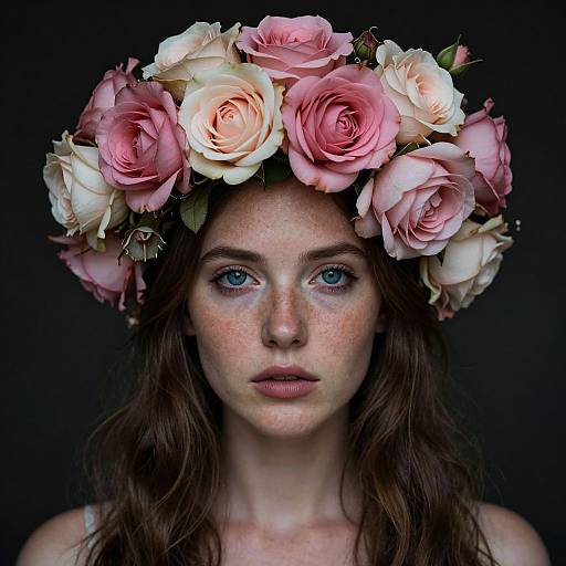 Photograph of a freckled, blue-eyed woman with long brown hair, wearing a crown of pink and white roses against a black background.