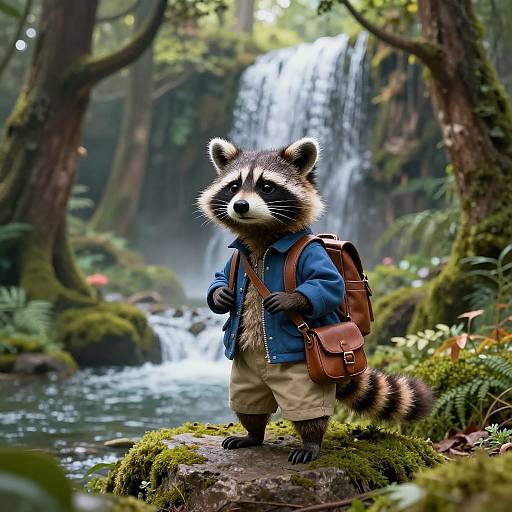 Photorealistic CGI of a raccoon in a blue jacket, beige pants, brown backpack, and satchel, standing on a mossy rock