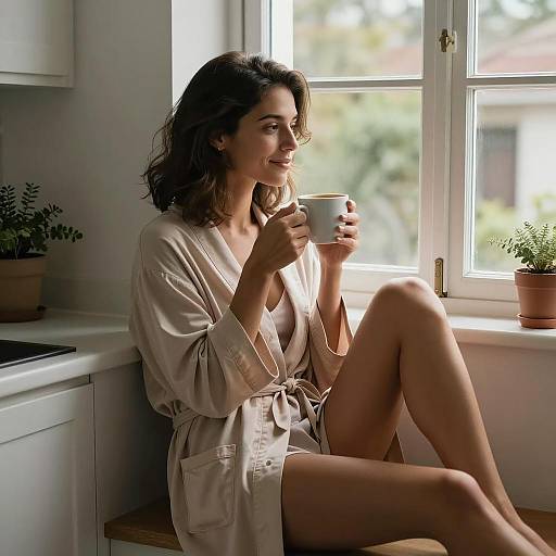 Woman Drinking Coffee by Window