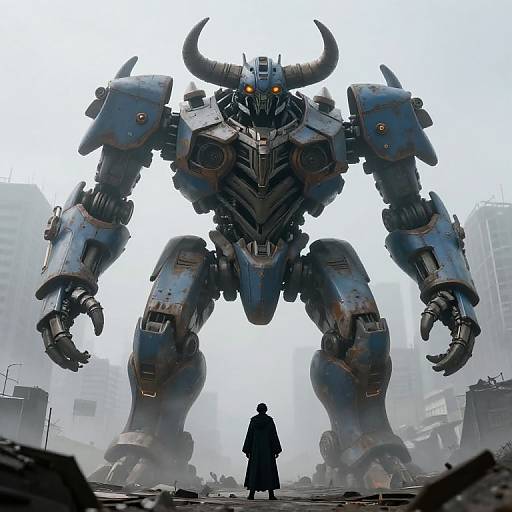 Digital artwork: Giant, blue, mechanized bull-headed robot with glowing yellow eyes looms over a small, silhouetted figure in a long