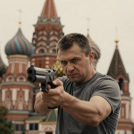 Intense Portrait of Armed Man with Church