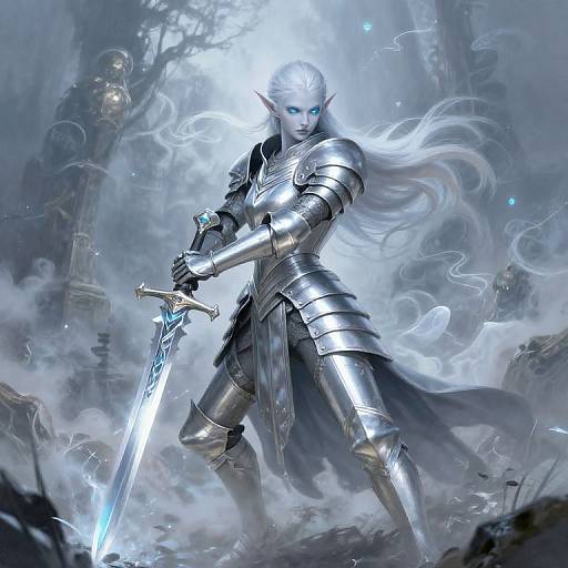 Digital fantasy artwork of a silver-haired, blue-eyed elf warrior in gleaming armor, holding a glowing sword, amidst misty ruins.