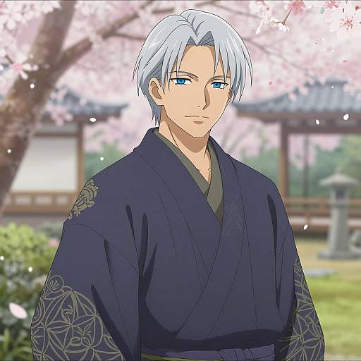 Anime-style digital drawing of a handsome man with white hair and blue eyes, wearing a dark blue kimono with intricate patterns, standing in a cherry blossom