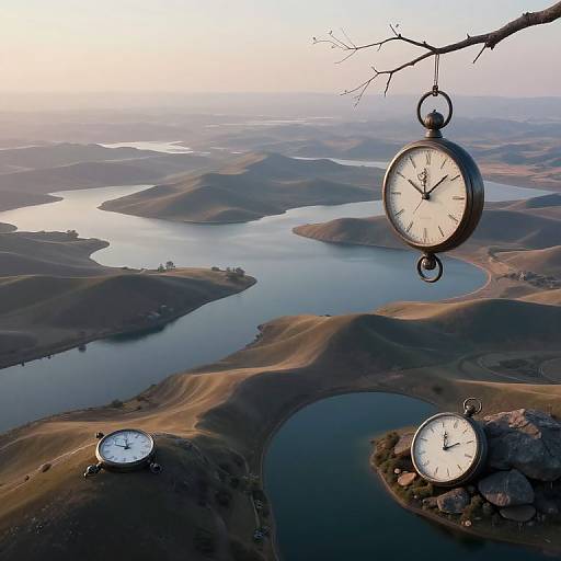 Aerial photograph of a landscape with three hanging antique clocks above winding rivers and hills, under a pale sky.
