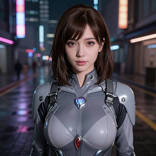 CGI image of a young Asian woman with shoulder-length black hair, wearing a futuristic, form-fitting gray and silver bodysuit with glowing accents
