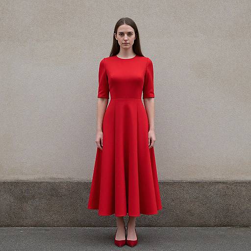 Photograph of a young woman with long black hair, fair skin, and red lipstick, wearing a red, three-quarter sleeve, knee-length dress and