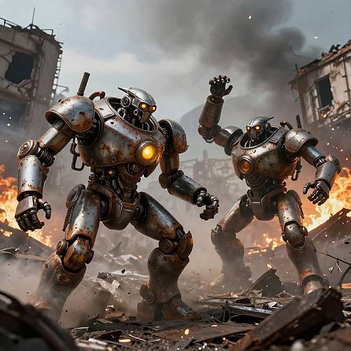 CGI image of two metallic, humanoid robots with glowing yellow eyes and arms raised, fighting in a war-torn, burning urban ruin.