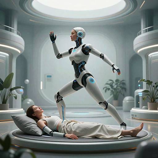 Futuristic Robot Assisting Relaxing Woman