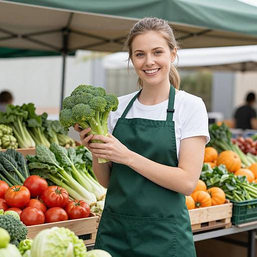Photograph of a smiling young woman with light brown hair in a green apron, holding broccoli at a vibrant outdoor farmers market.