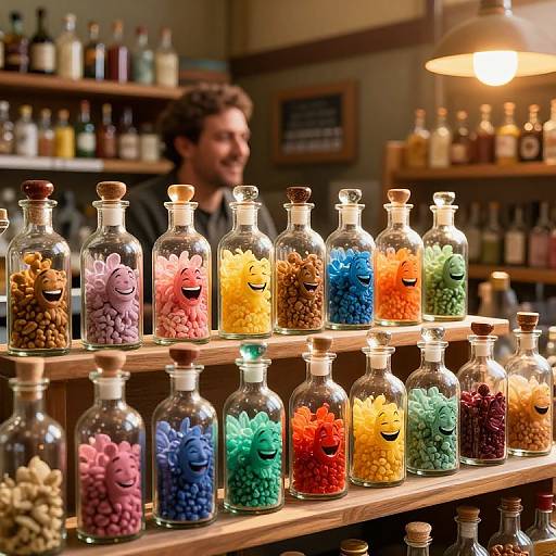 Photograph of colorful glass bottles with cork tops, each filled with variously colored jelly beans and smiling faces, displayed on wooden shelves in a warmly lit