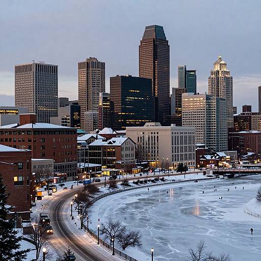 Photograph of a winter cityscape at dusk, showcasing a frozen river in the foreground, surrounded by snow-covered buildings and illuminated skyscrapers in the