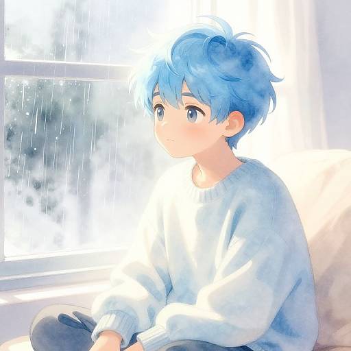 Anime-style digital drawing of a blue-haired boy with large eyes, wearing a white sweater, sitting by a rain-streaked window.