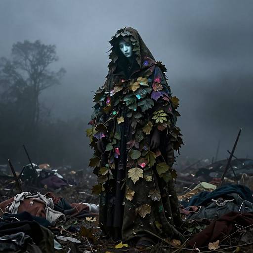Photograph of a ghostly figure in a leafy cloak with glowing blue eyes, standing amidst a foggy, debris-filled landscape.