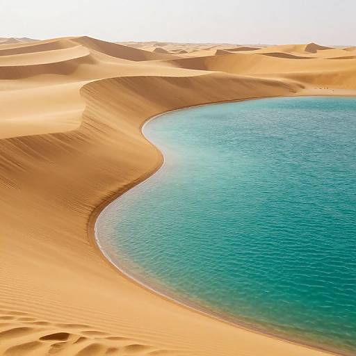 Photograph of a serene desert oasis with a sinuous, turquoise water pool surrounded by undulating, golden sand dunes under bright sunlight.