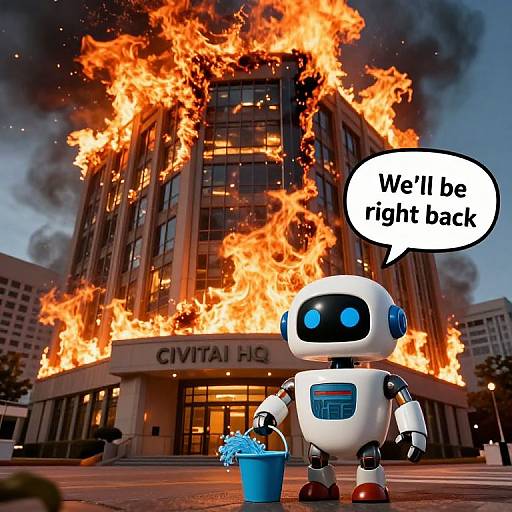 Digital art: Robot with blue eyes holds blue bucket, standing in front of burning building with 