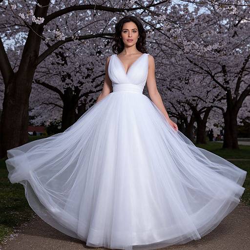 Photograph of a dark-haired woman in a white, sleeveless, V-neck tulle gown standing in a cherry blossom-filled park.