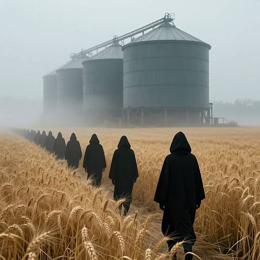Cyberpunk Hooded Figures in Golden Wheat