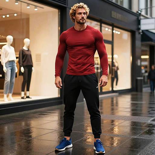 Photograph of a muscular, curly-haired man in a red long-sleeve shirt, black pants, and blue sneakers walking on a wet, reflective