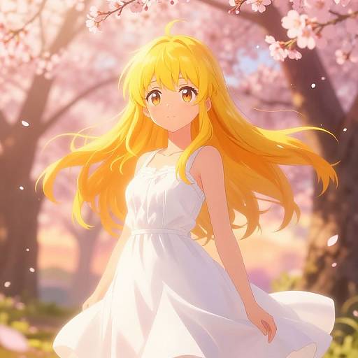 Anime-style digital illustration of a blonde girl with long hair, wearing a white sundress, standing in a sunlit cherry blossom forest. Bright, warm