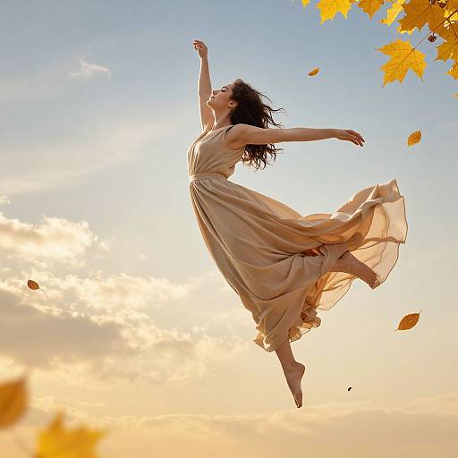 Photograph: Young woman with long dark hair, wearing a flowing beige dress, leaps joyfully in an autumn sky with golden leaves.