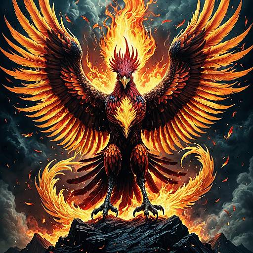 Fiery Phoenix Rising on Rocky Peak