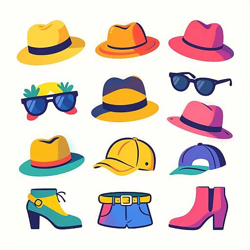 Colorful digital illustration of 12 fashion items: 6 hats, 3 sunglasses, 2 caps, 1 belt, and 3 boots