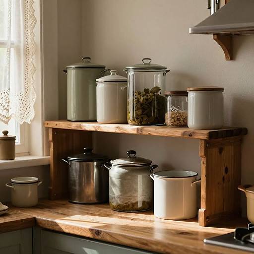 Photograph of a sunlit kitchen with wooden shelves holding various glass and metal jars and pots, next to a window with lace curtains.