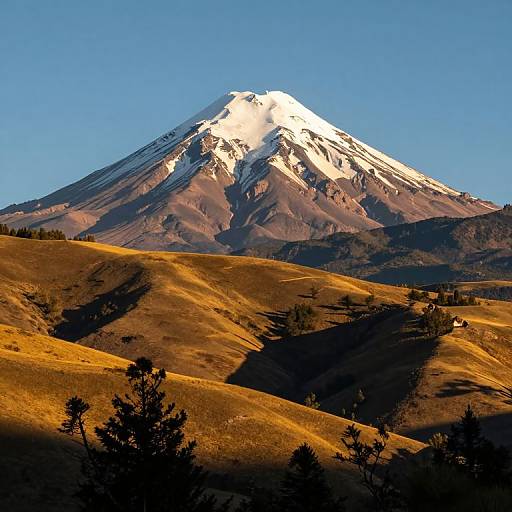Photograph of a snow-capped mountain peak under a clear blue sky, with golden brown rolling hills and scattered trees in the foreground.