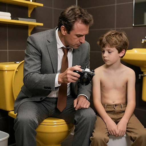 Intense Moment in a Bright Bathroom