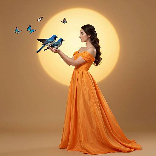 Photograph of a woman in an orange off-shoulder gown, holding two blue birds, with four butterflies flying above, against a glowing circular sun