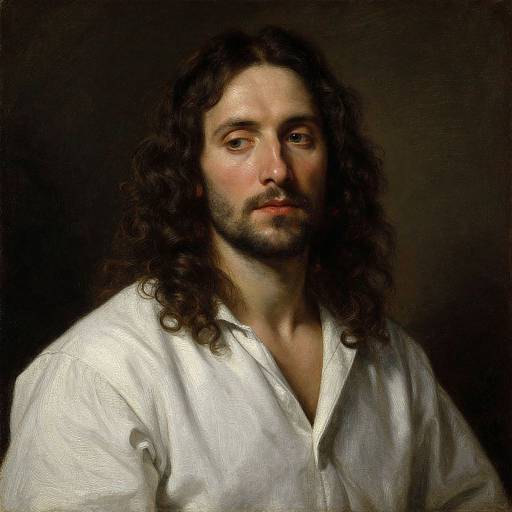 Digital painting of Jesus Christ with long, wavy dark hair, brown eyes, and a white, slightly open-collared shirt, against a dark