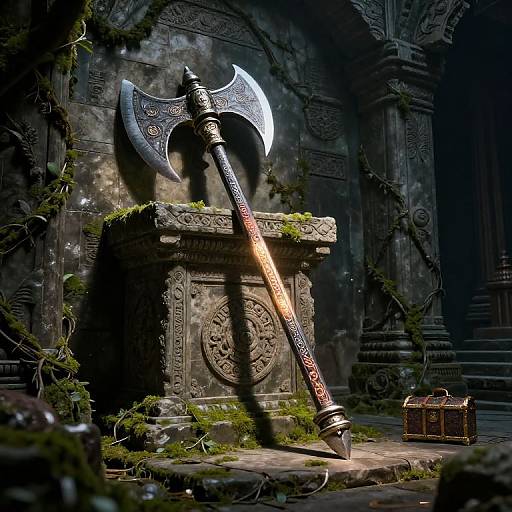 Digital art of an ornate, glowing axe leaning on a moss-covered, ancient stone pedestal in a dark, ruins-filled temple. A small chest sits