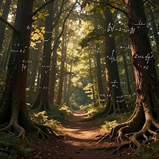 Photograph of a sunlit forest path with tall trees, root-covered ground, and mathematical equations superimposed in white script. Bright sunlight filters through