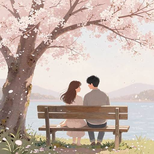 Digital anime-style illustration of a couple sitting on a wooden bench under a pink cherry blossom tree, facing a serene lake.