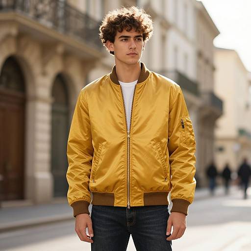 Photograph of a young man with curly brown hair, wearing a shiny gold bomber jacket over a white shirt, standing on a sunlit European street with