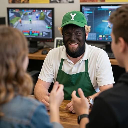 Photograph of a bearded, smiling man in a green baseball cap and apron, standing behind a wooden counter, engaging with two customers in a