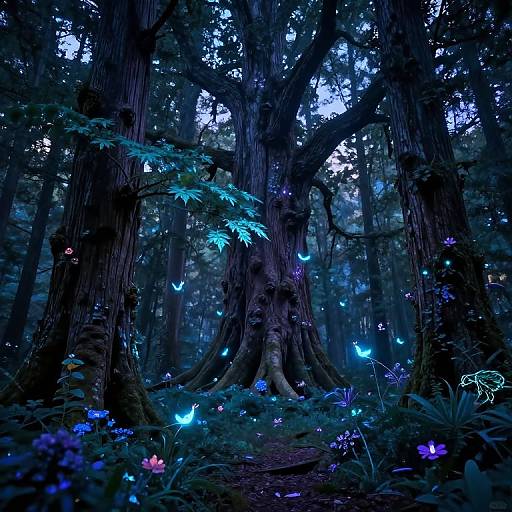 Photograph of a mystical forest at night, illuminated by glowing blue and purple fireflies, bioluminescent leaves, and vibrant flowers surrounding towering,